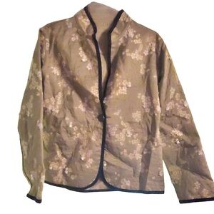 Vintage Satin Orient Style Floral Print Women’s Large Jacket w Black Cord Piping